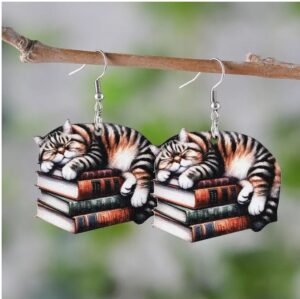 Wooden Book Lover Cat Earrings