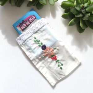 Drawstring Book Bag with Hand-Embroidered Floral Design