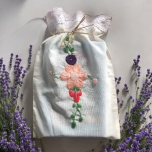 Drawstring Book Bag with Hand-Embroidered Floral Design