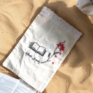 Drawstring Book Bag with Hand-Embroidered Floral Design